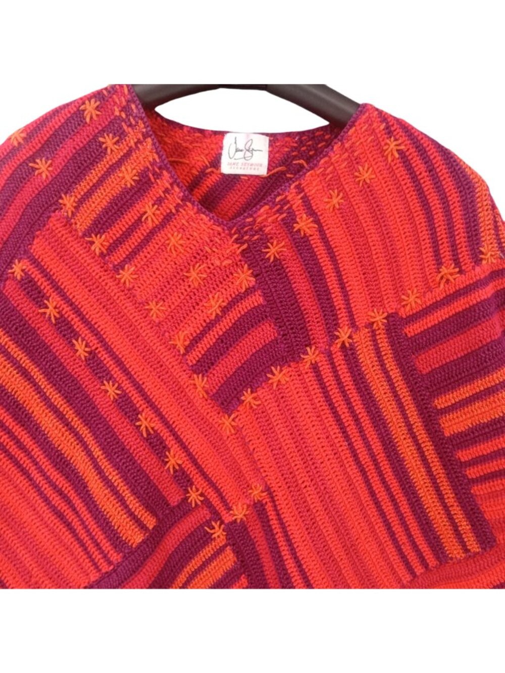 Vintage Jane Seymor Womens Poncho Size OS Fringe Patchwork Knit Red Purple V Nec - Picture 2 of 7